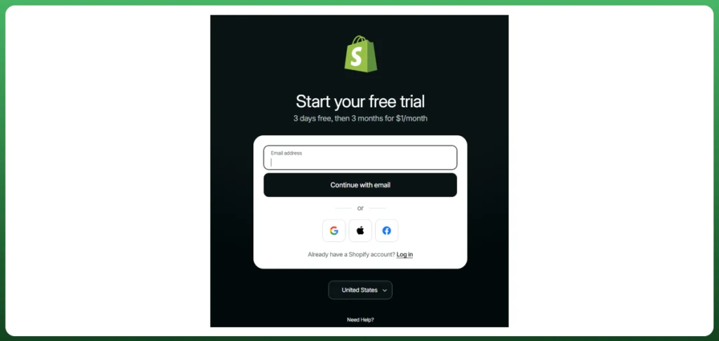 Shopify free trial sign-up page with email registration and login options for creating a new Shopify store.