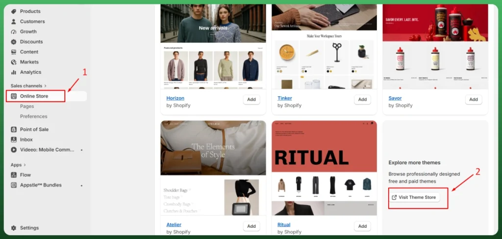 Shopify Theme Store showing free website templates and the option to browse and install themes for an online store.