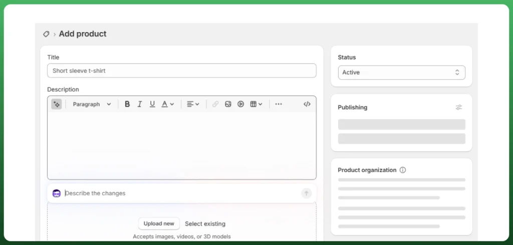Shopify product creation page with fields for product title, description, media upload, status, and product organization.