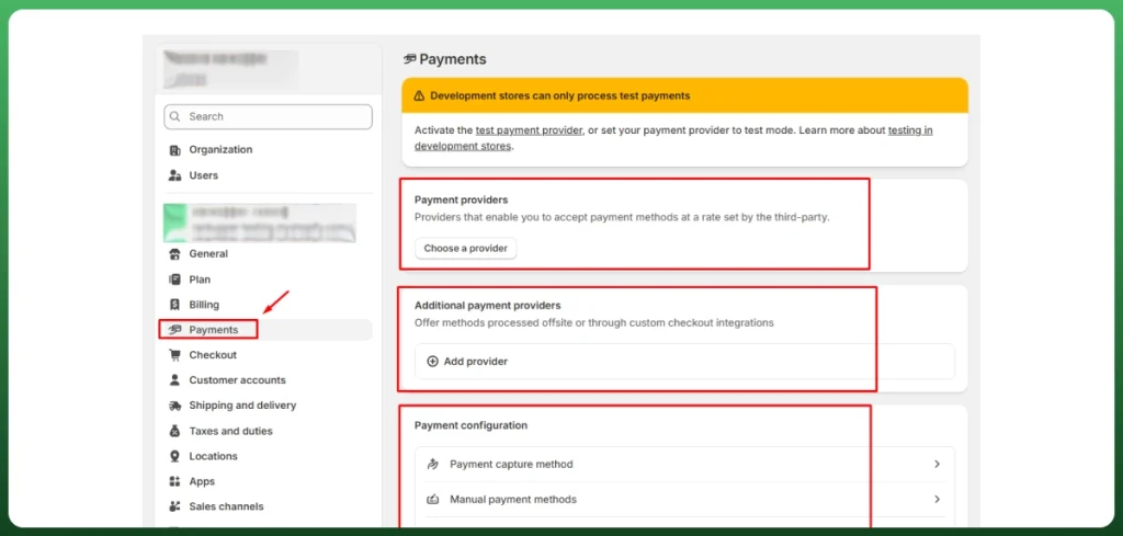 Shopify Payments settings page showing payment providers, manual payment methods, and payment configuration options.