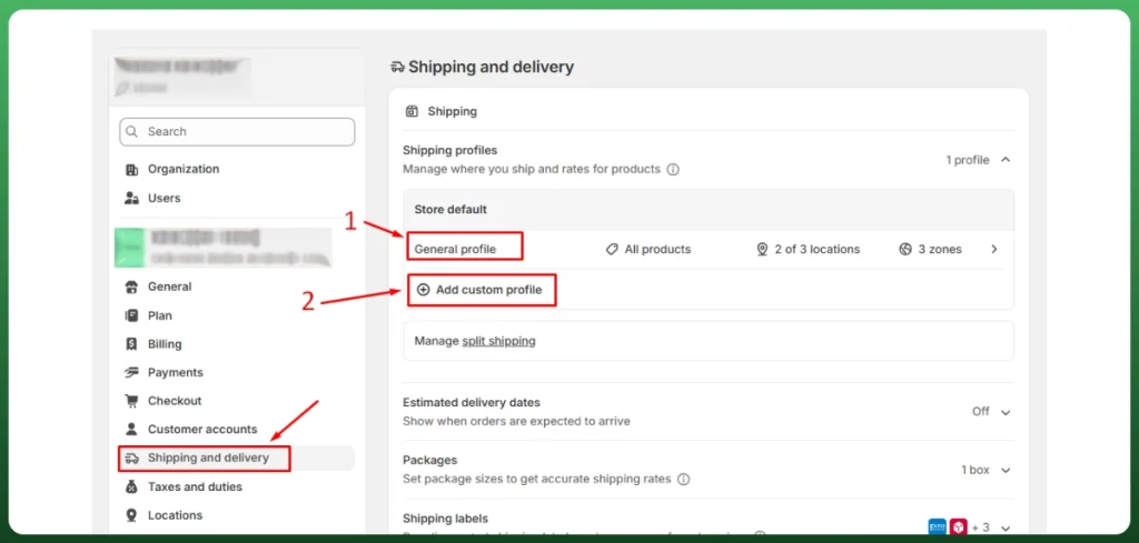 Shopify Shipping and Delivery settings with general shipping profile, custom profile creation, and shipping configuration.