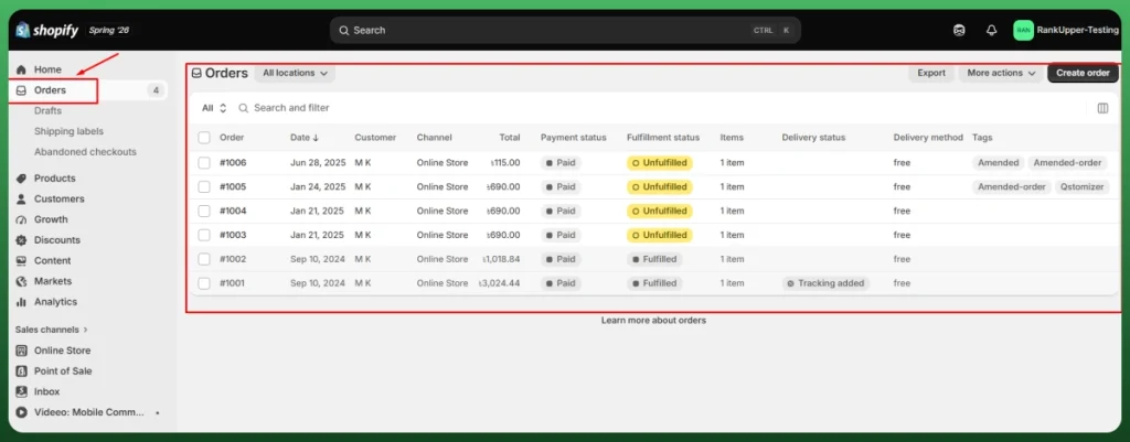 Shopify Orders dashboard displaying customer orders, payment status, fulfillment status, and delivery information.