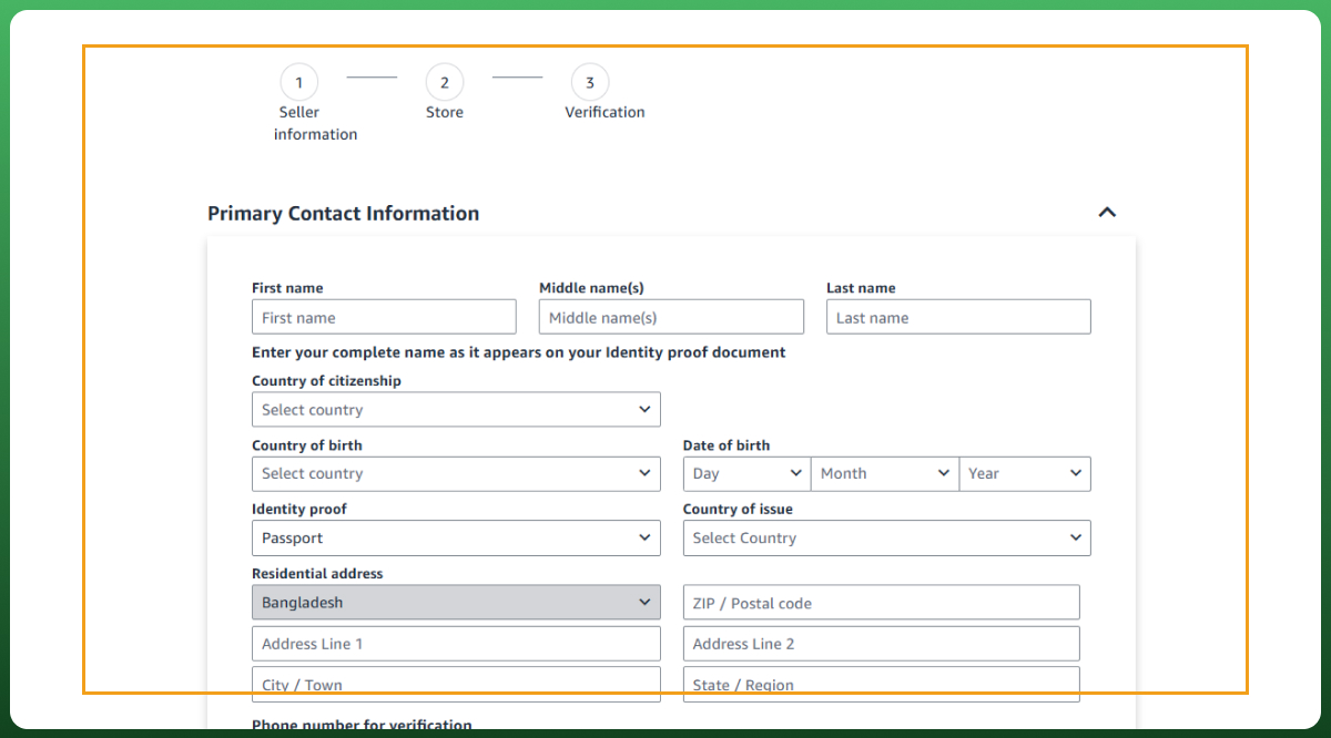 How to set up an Amazon seller account by entering personal contact information, identity details, and residential address during registration.