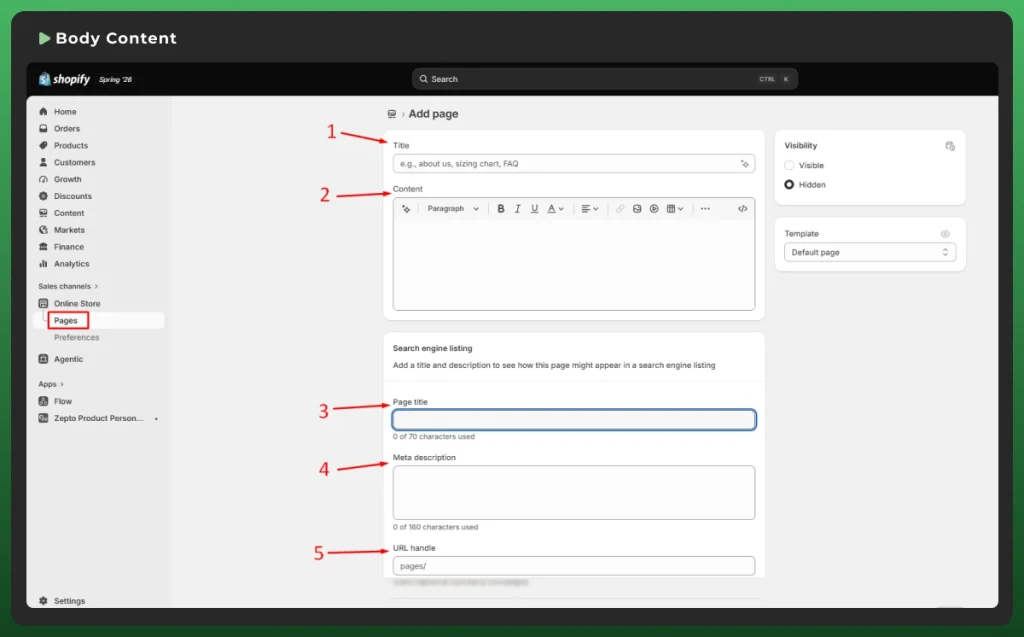 Shopify page editor showing where to add body content, page title, meta description, and URL handle for better SEO.