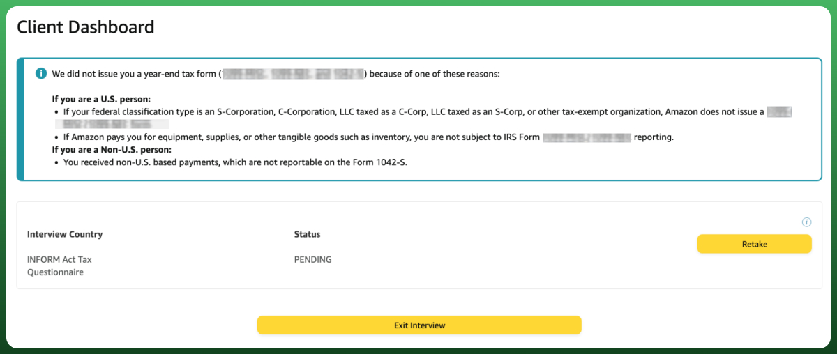 How to set up an Amazon seller account by completing the Amazon tax interview and verifying tax information in Seller Central.