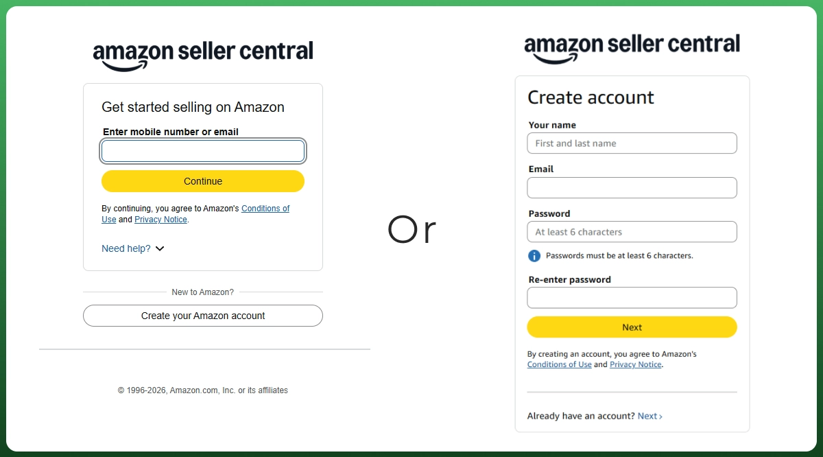 How to set up an Amazon seller account by creating a new Amazon Seller Central login with email and password.