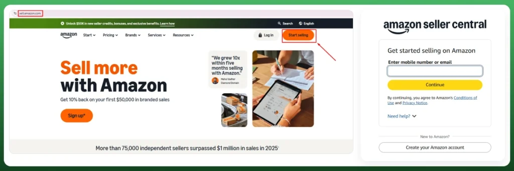 Amazon Seller Central registration page showing the process of creating a new Amazon seller account.