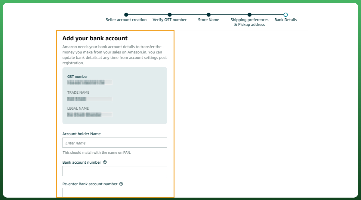 How to set up an Amazon seller account by adding bank account details for receiving Amazon seller payments.
