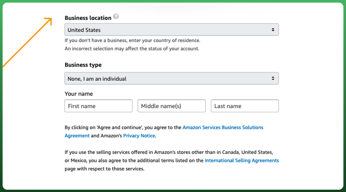 How to set up an Amazon seller account by selecting your business location, business type, and legal name.