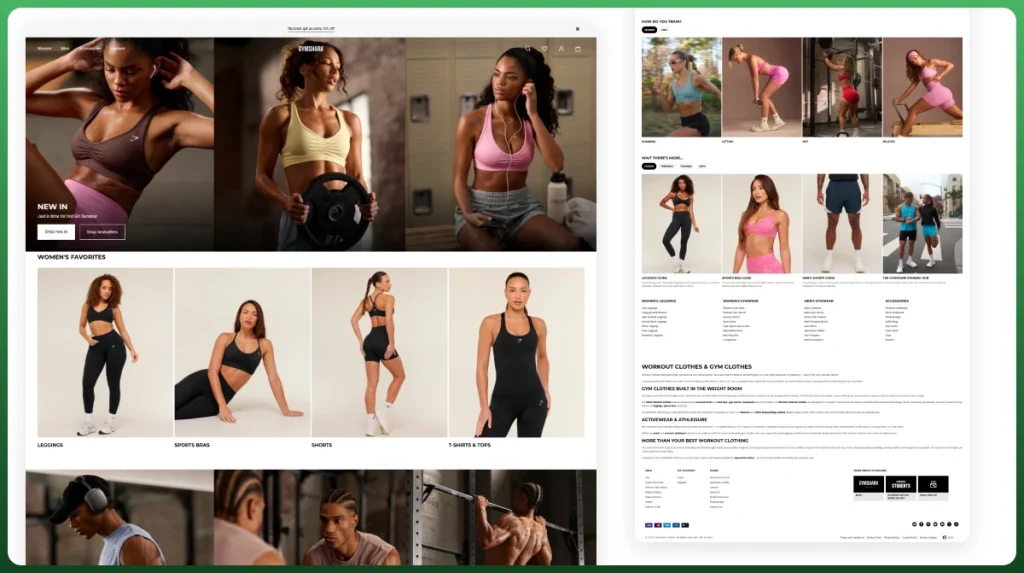 Gymshark Shopify ecommerce website showcasing athletic apparel collections, featured products, and category pages.
