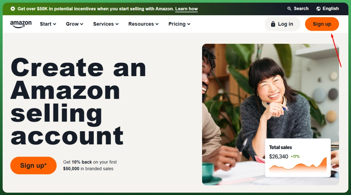 Amazon Seller Central sign-up page showing the first step in how to set up an Amazon seller account.