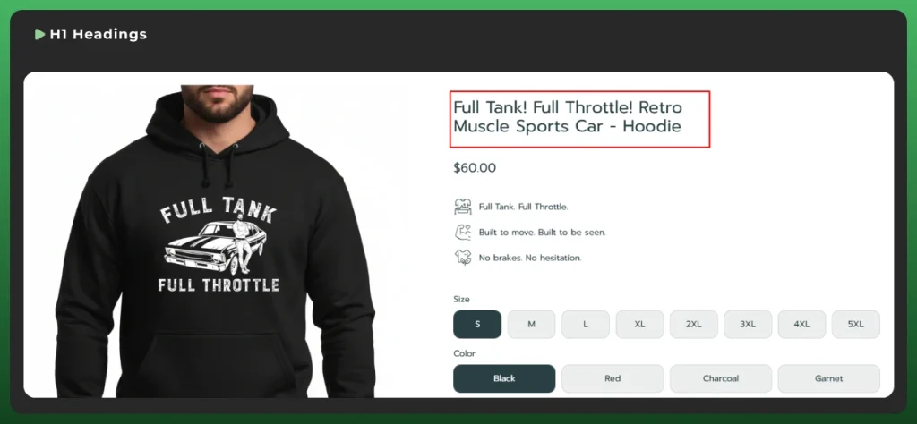 Shopify product page highlighting the H1 heading that displays the product title for SEO optimization.
