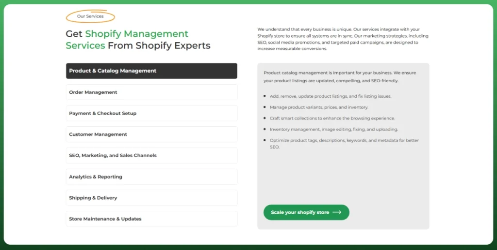 Ecomgiantz Shopify management services page showcasing product catalog management, SEO, order management, and store maintenance solutions.