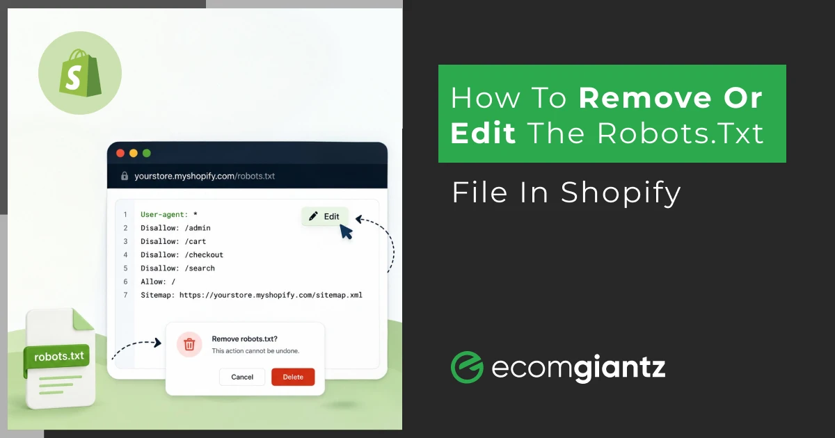 Illustration showing how to remove or edit the robots.txt file in Shopify using the robots.txt.liquid template and theme code editor.
