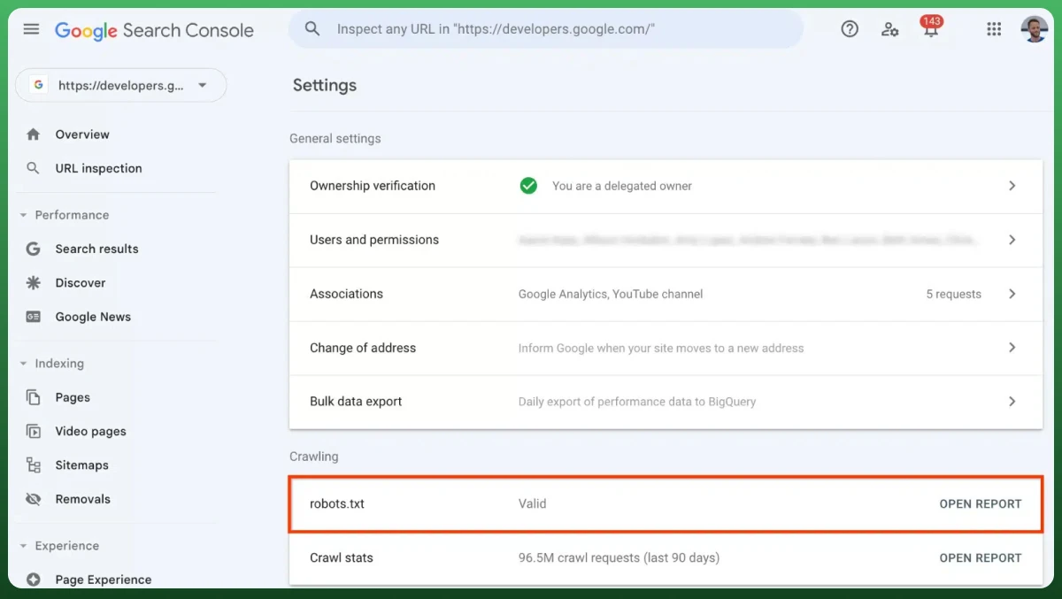 Editing.webp
Google Search Console settings page showing a valid robots.txt report after testing and verifying robots.txt changes.