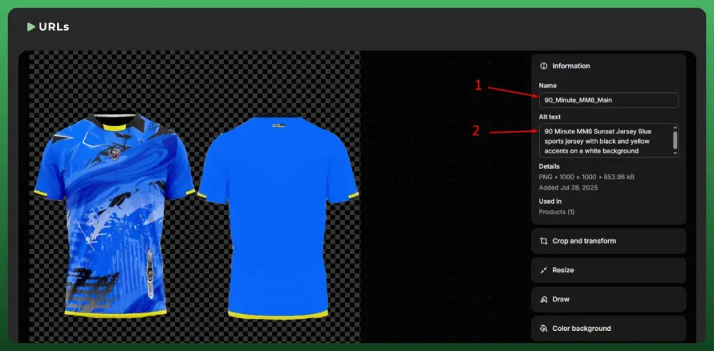 Shopify product image settings showing optimized image file names and descriptive alt text for image SEO.