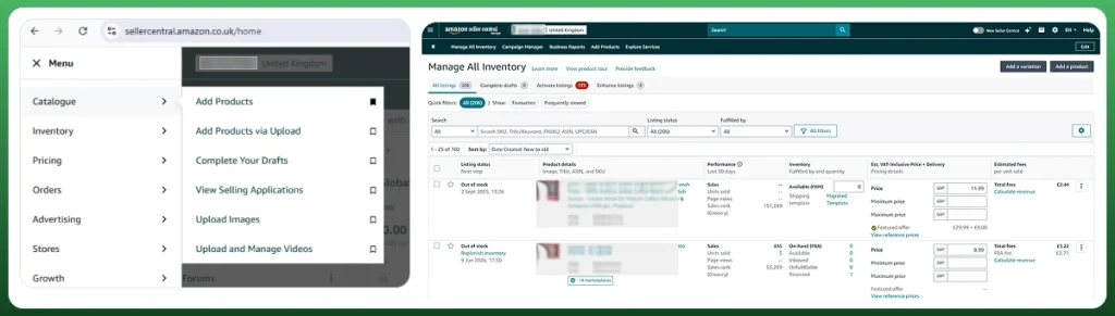 Amazon Seller Central product listing dashboard showing how to add and manage products on Amazon Marketplace.