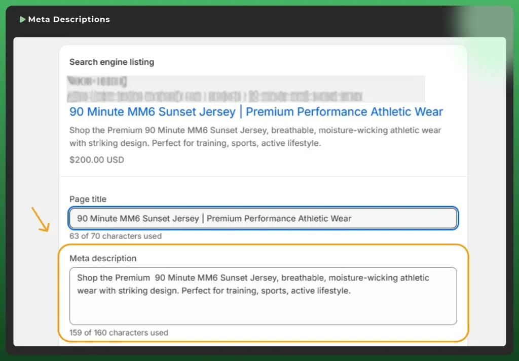 Shopify search engine listing editor showing how to write an SEO-friendly meta description for higher click-through rates.