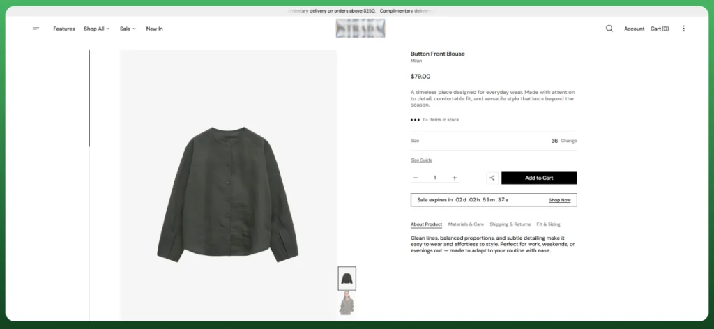 Shopify product page displaying a clothing item with product details, pricing, inventory status, and Add to Cart option for catalog management.