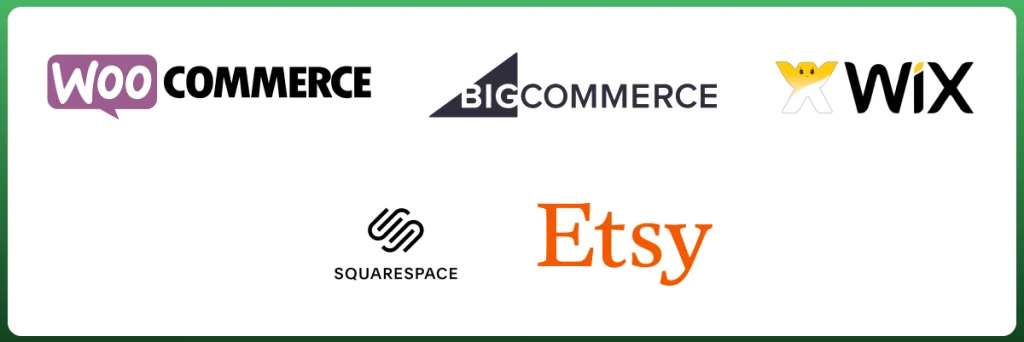 Logos of popular ecommerce platforms including WooCommerce, BigCommerce, Wix, Squarespace, and Etsy as Shopify alternatives.