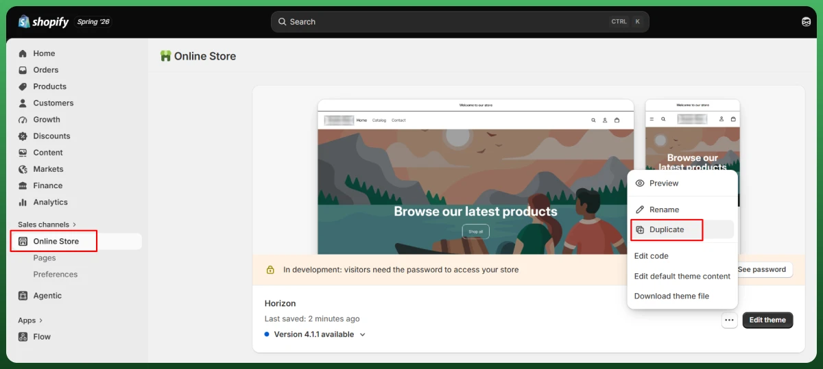 Shopify Admin dashboard showing how to duplicate a theme before editing the robots.txt.liquid file as a backup.