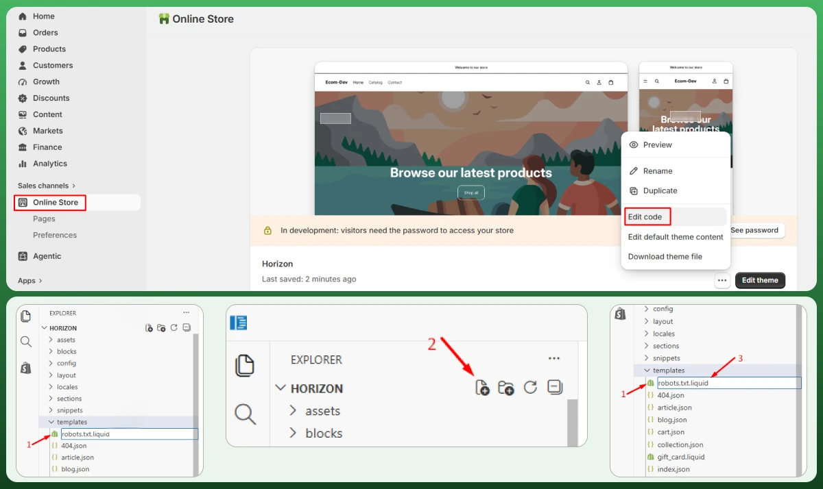 Shopify theme code editor demonstrating how to create and add the robots.txt.liquid template under the Templates folder.
