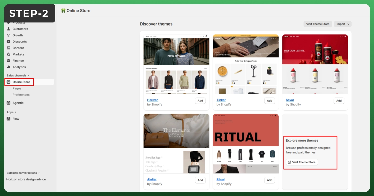 Step 2 choose a Shopify theme when learning how to make a Shopify website