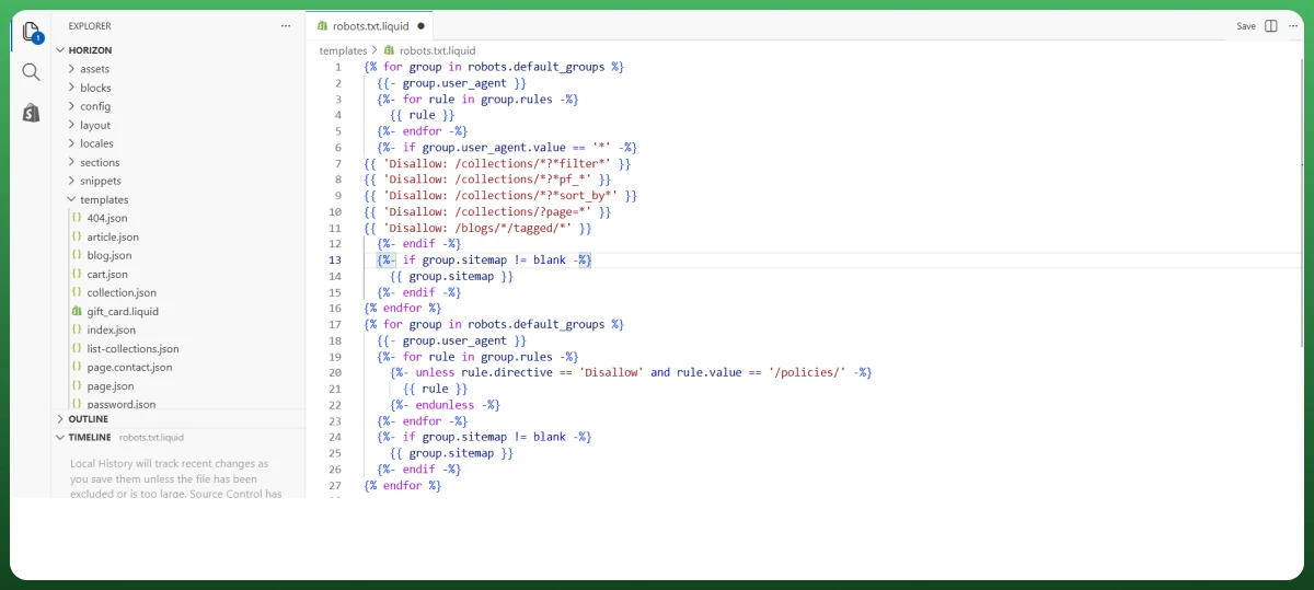 Shopify robots.txt.liquid file open in the theme code editor with custom crawl and indexing rules being added.
