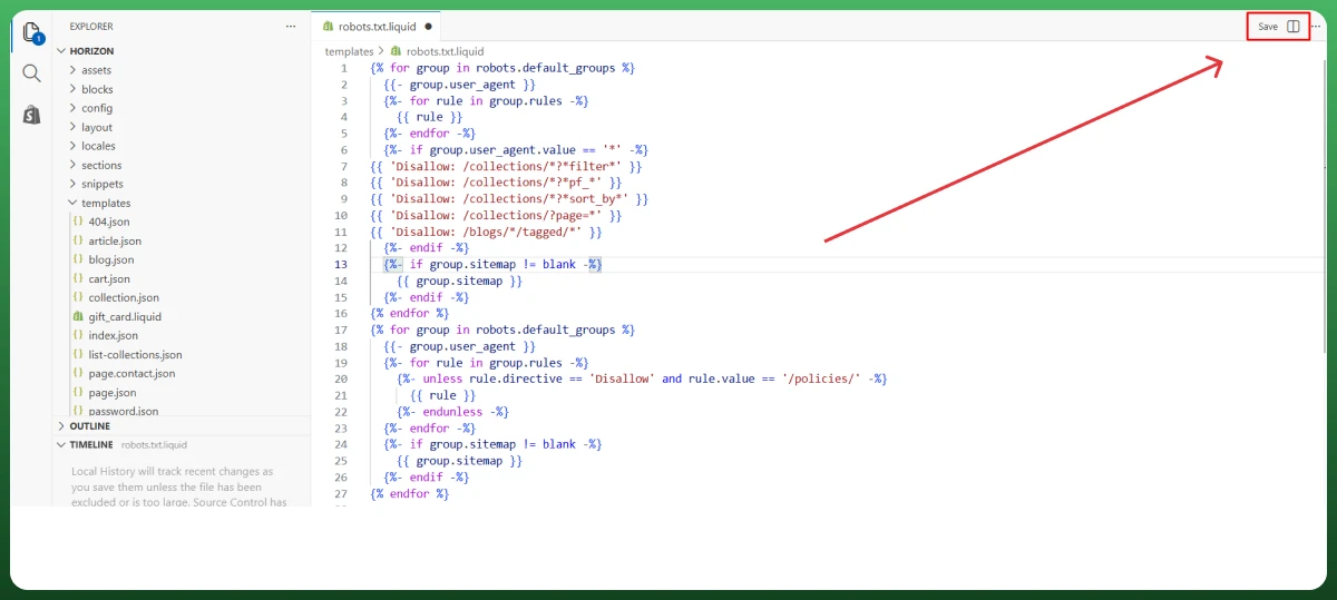 Shopify theme code editor highlighting the Save button after editing the robots.txt.liquid file to publish changes.