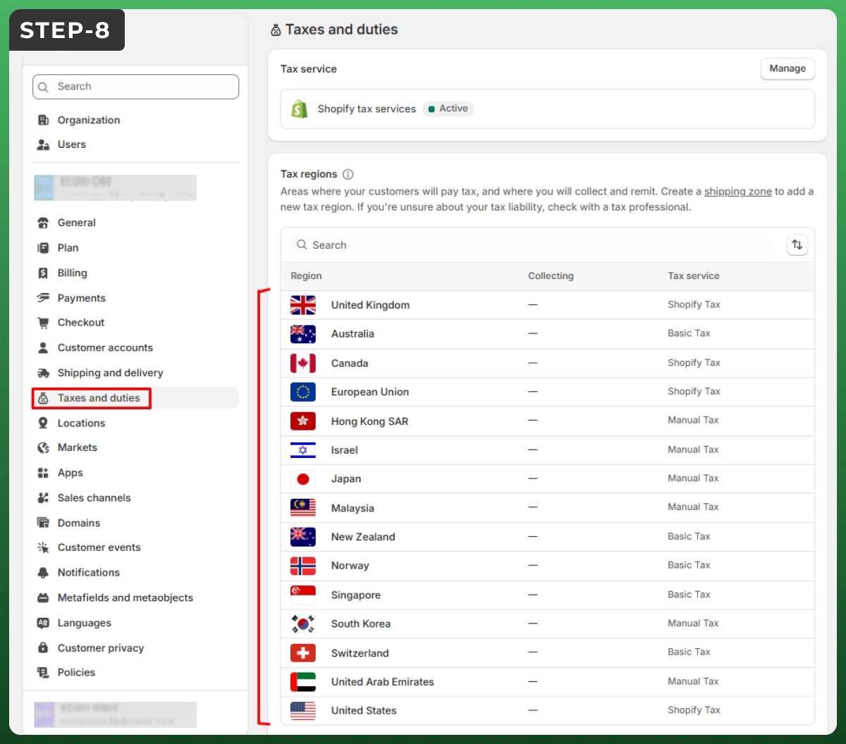 Step 8 set up Shopify tax settings for your ecommerce website