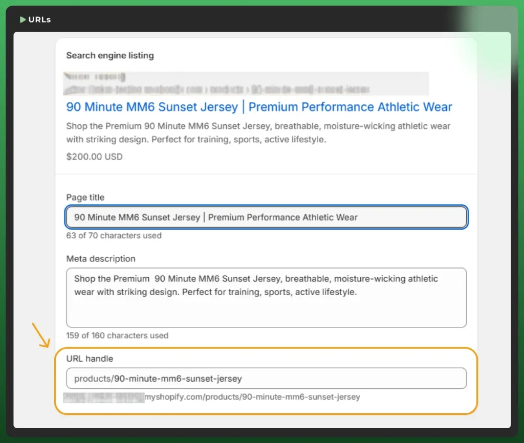 Shopify page editor showing where to add body content, page title, meta description, and URL handle for better SEO.