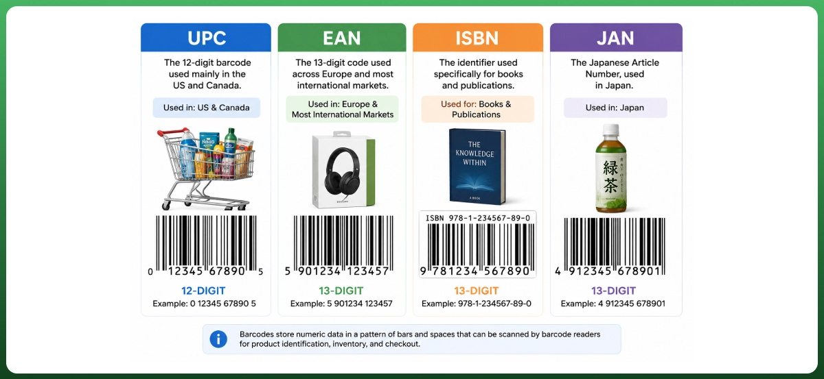 Product identifier types including UPC, GTIN, EAN, ISBN, and JAN for listing products after you set up an Amazon seller account.