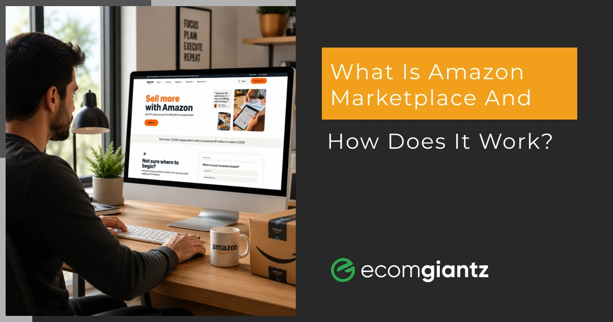 Infographic showing the main uses of Amazon Marketplace including product sales, brand growth, logistics, shopping, and international expansion.