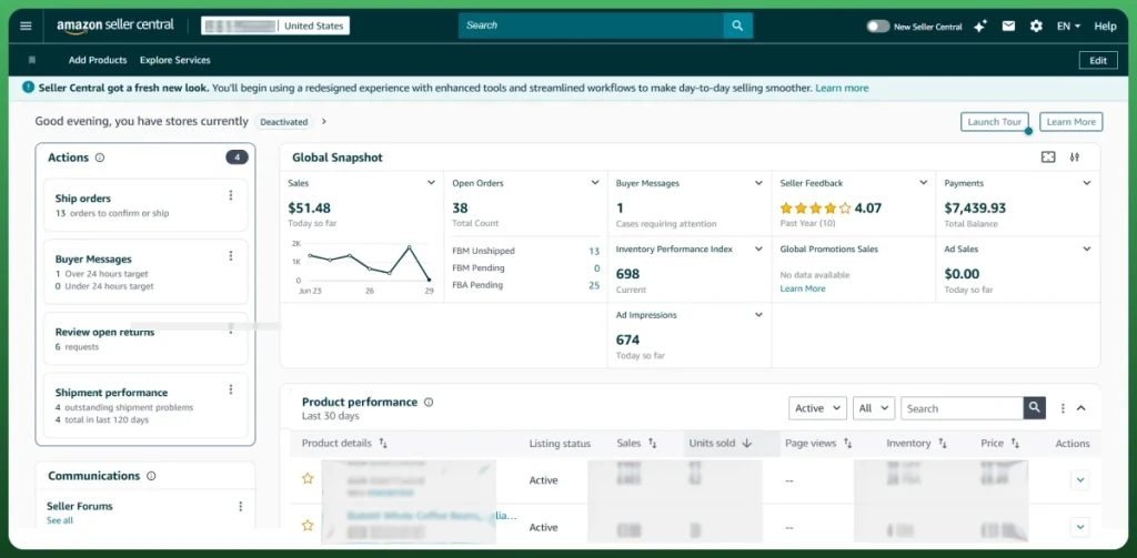 Amazon Marketplace Seller Central dashboard showing seller account overview, orders, inventory, and sales performance.