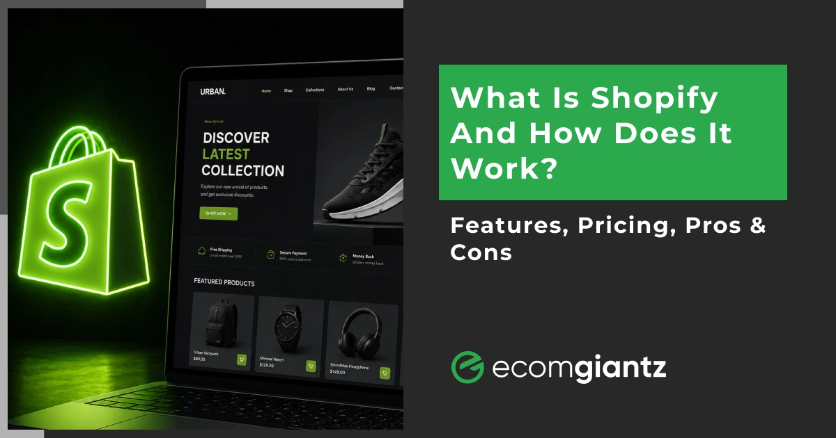 Illustration of Shopify ecommerce platform with online store interface explaining Shopify features, pricing, pros, and cons.