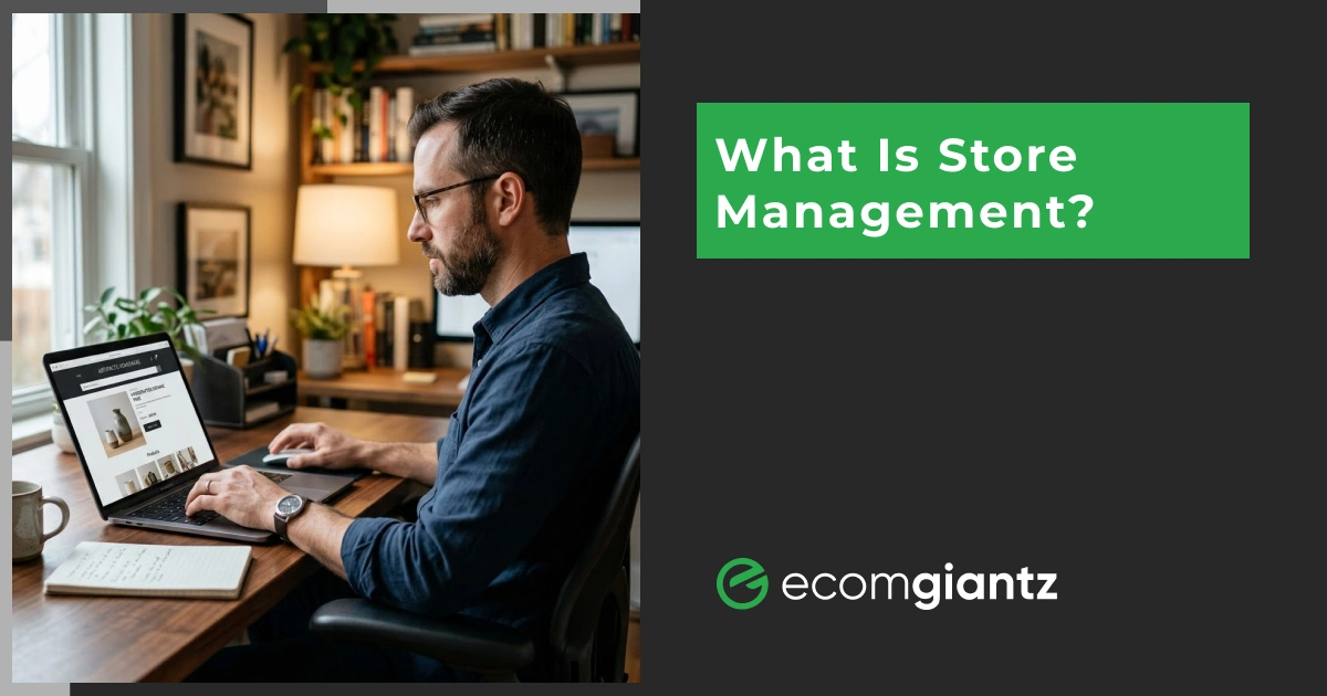 Professional working on an ecommerce website with the title "What Is Store Management?" illustrating online store management concepts.