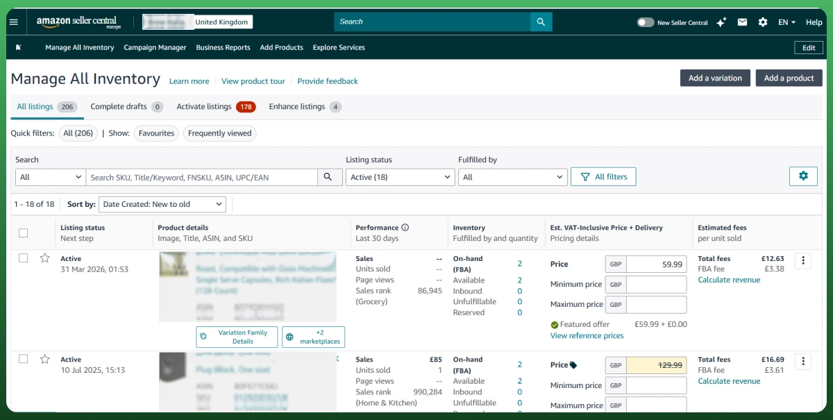 Amazon Seller Central dashboard showing what an Amazon seller account looks like after successful registration.