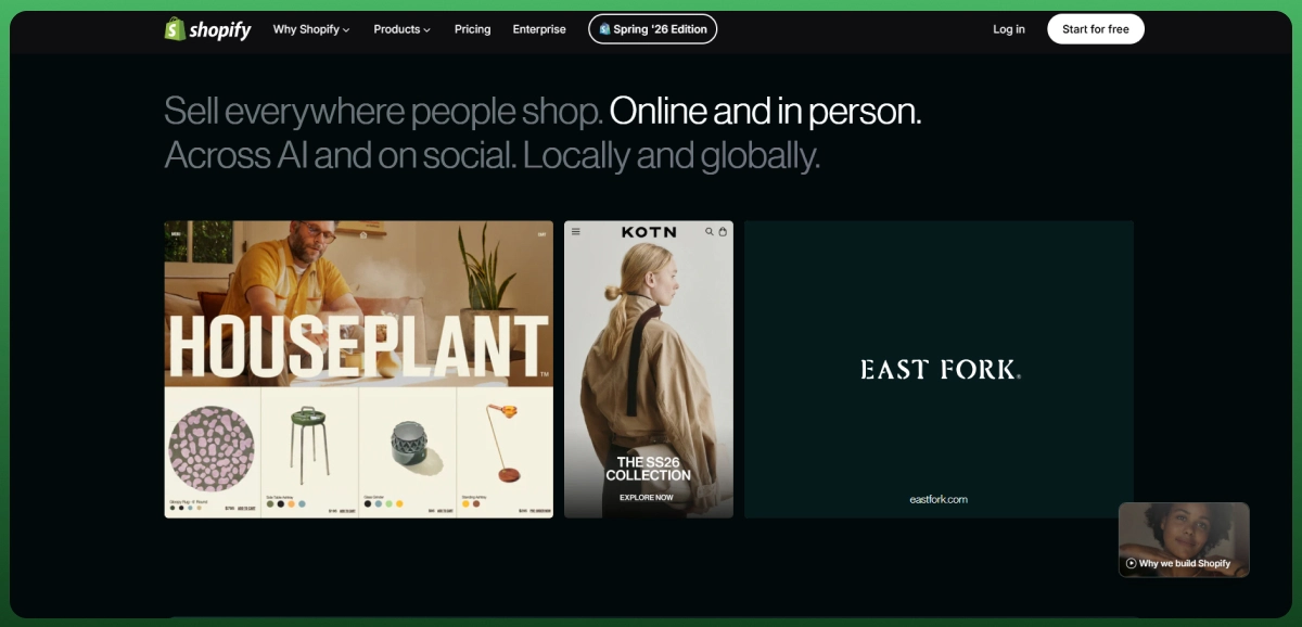 Shopify homepage showcasing omnichannel ecommerce features for selling online, in-store, and across social media platforms.