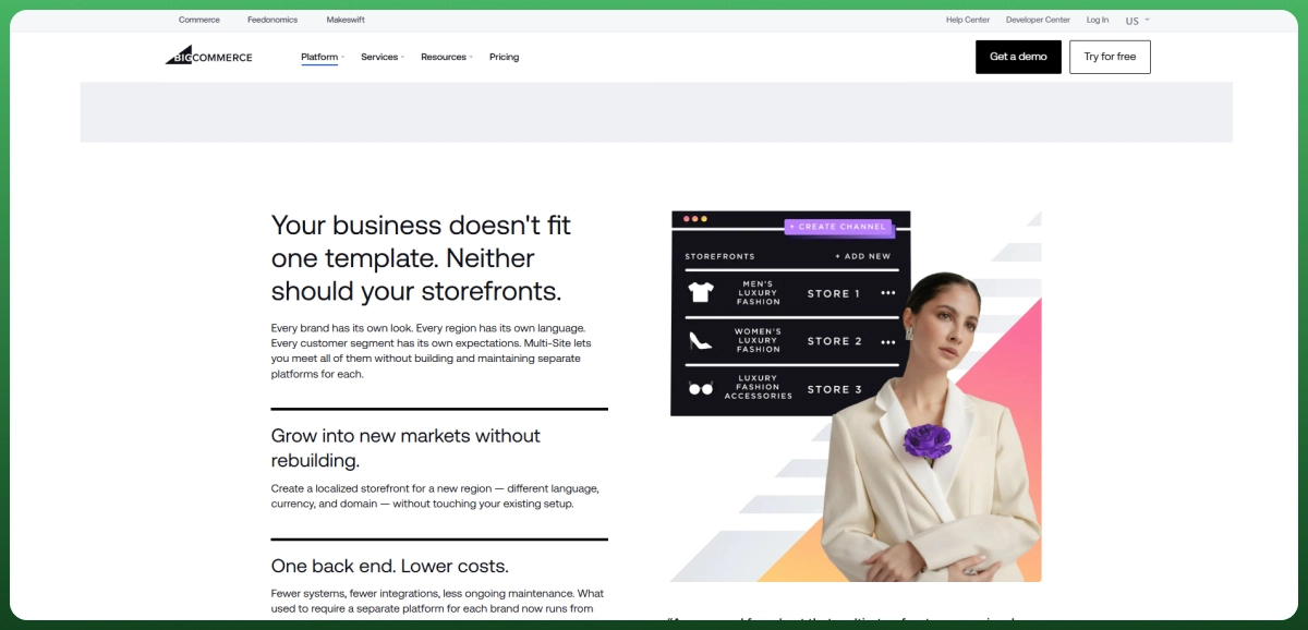 BigCommerce platform highlighting multi-storefront management and B2B ecommerce capabilities for growing businesses.