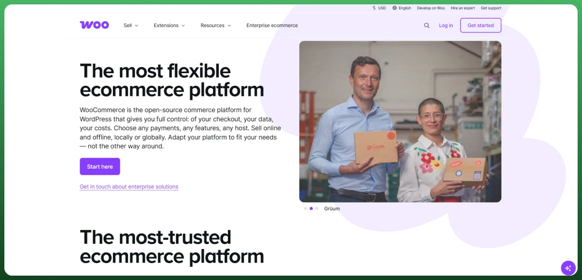 WooCommerce homepage promoting the flexible WordPress ecommerce platform for customizable online stores.