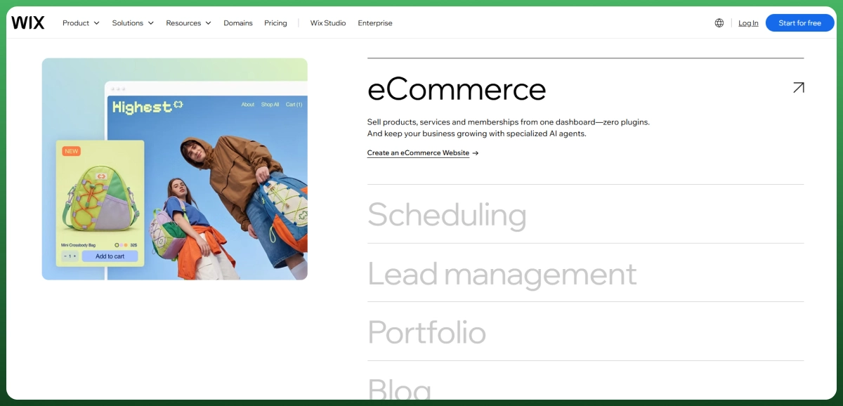 Wix ecommerce website builder interface featuring an online store designed for beginners and small businesses.