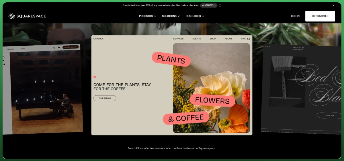 Squarespace ecommerce homepage showcasing visually designed online stores for creators and lifestyle brands.