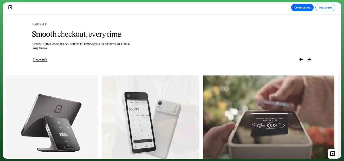 Square Online ecommerce platform displaying integrated POS hardware and online payment solutions for retailers.