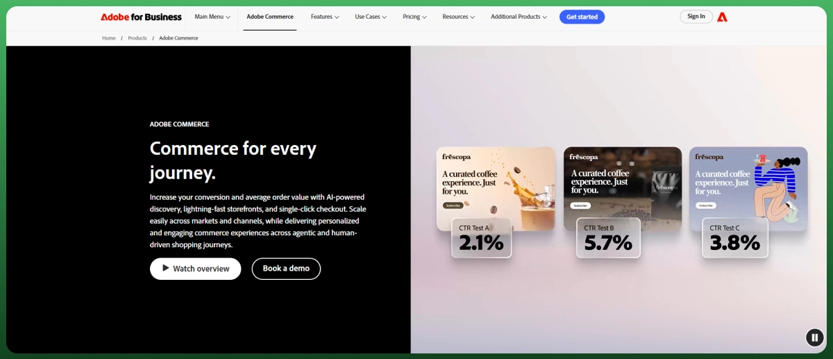 Adobe Commerce homepage showcasing AI-powered enterprise eCommerce platform with personalized storefronts and conversion optimization features.
