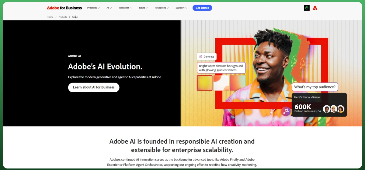 Adobe AI business platform showing generative AI features and AI-powered creative capabilities