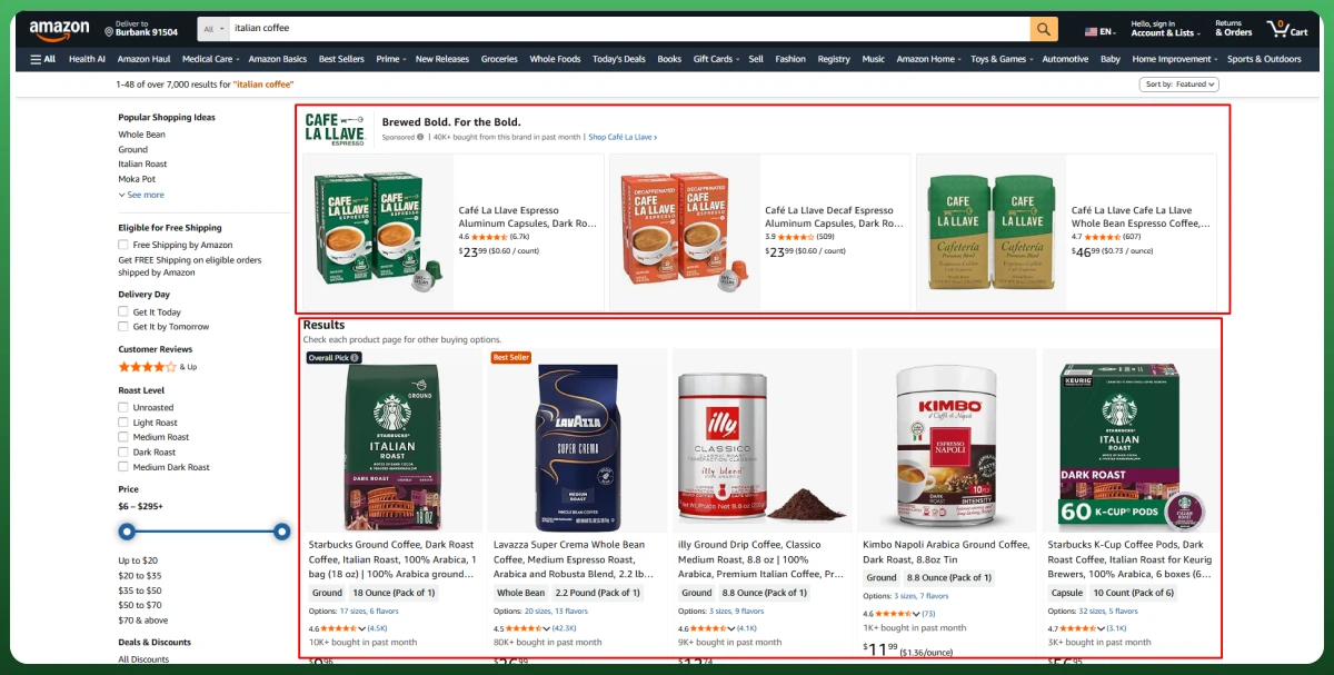 Amazon search results showing Italian coffee products, sponsored listings, prices, ratings, and product options