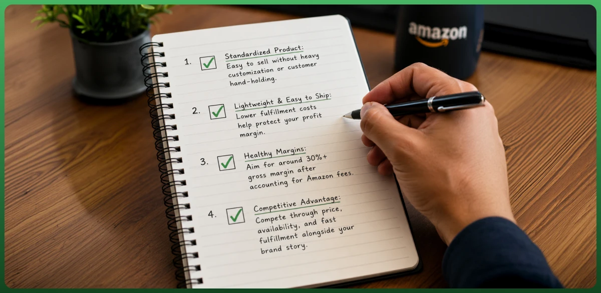 Checklist of Amazon product selection criteria including standardized products, lightweight shipping, healthy margins, and competitive