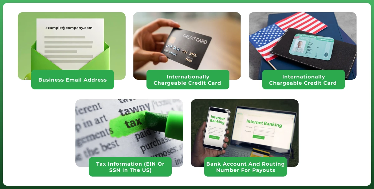 Amazon seller account requirements showing business email, international credit card, tax information, and bank account details for payouts.