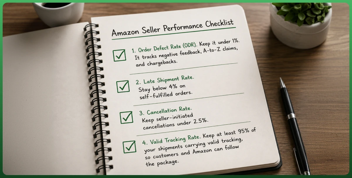 Amazon seller performance checklist showing order defect rate, late shipment rate, cancellation rate, and valid tracking rate