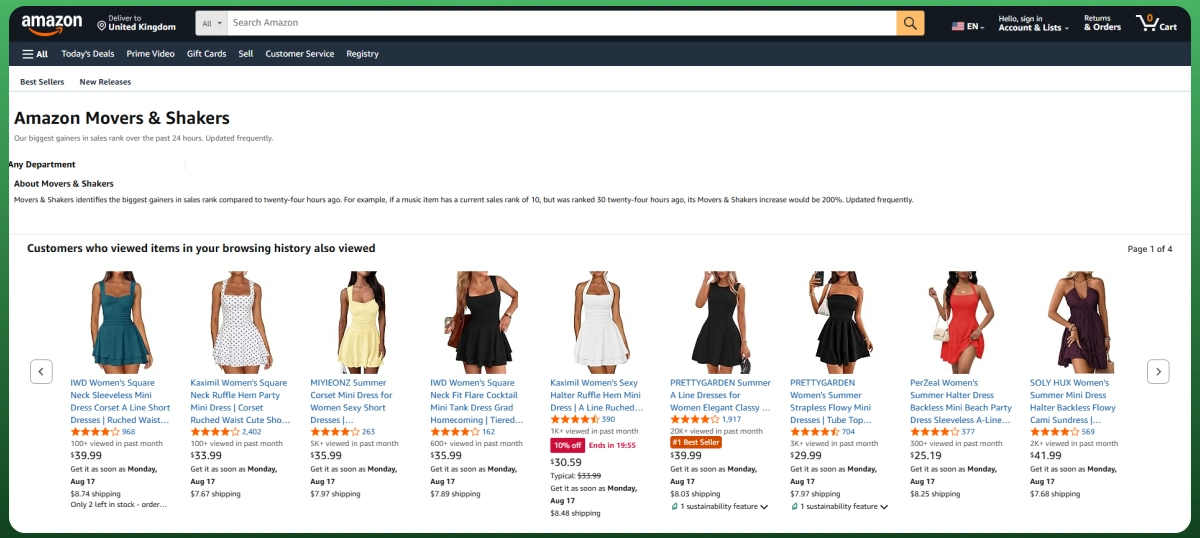 Amazon Movers and Shakers page used to identify products with growing sales and demand